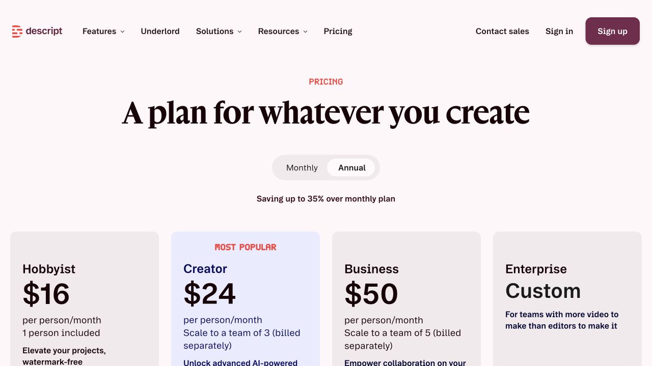 Descript pricing page with several product tiers and bundled creation features.