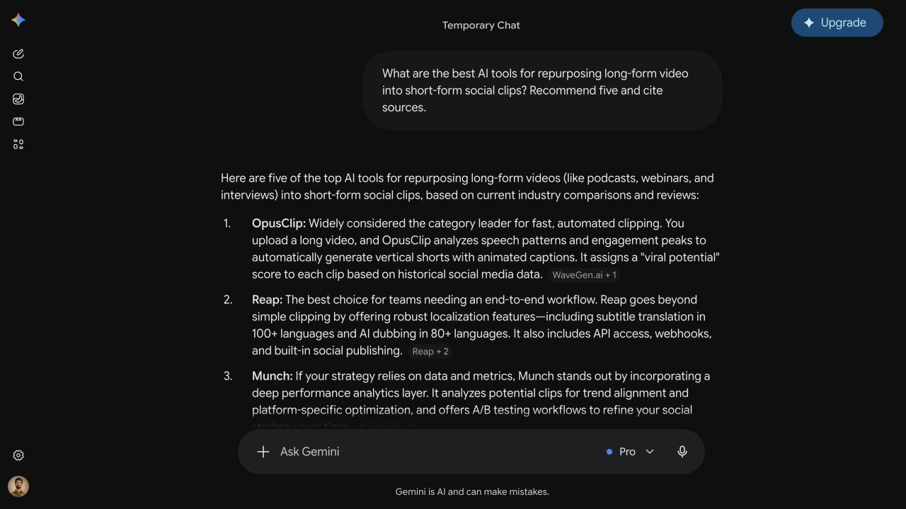 Dated Gemini temporary-chat response recommending AI tools for long-form video repurposing.