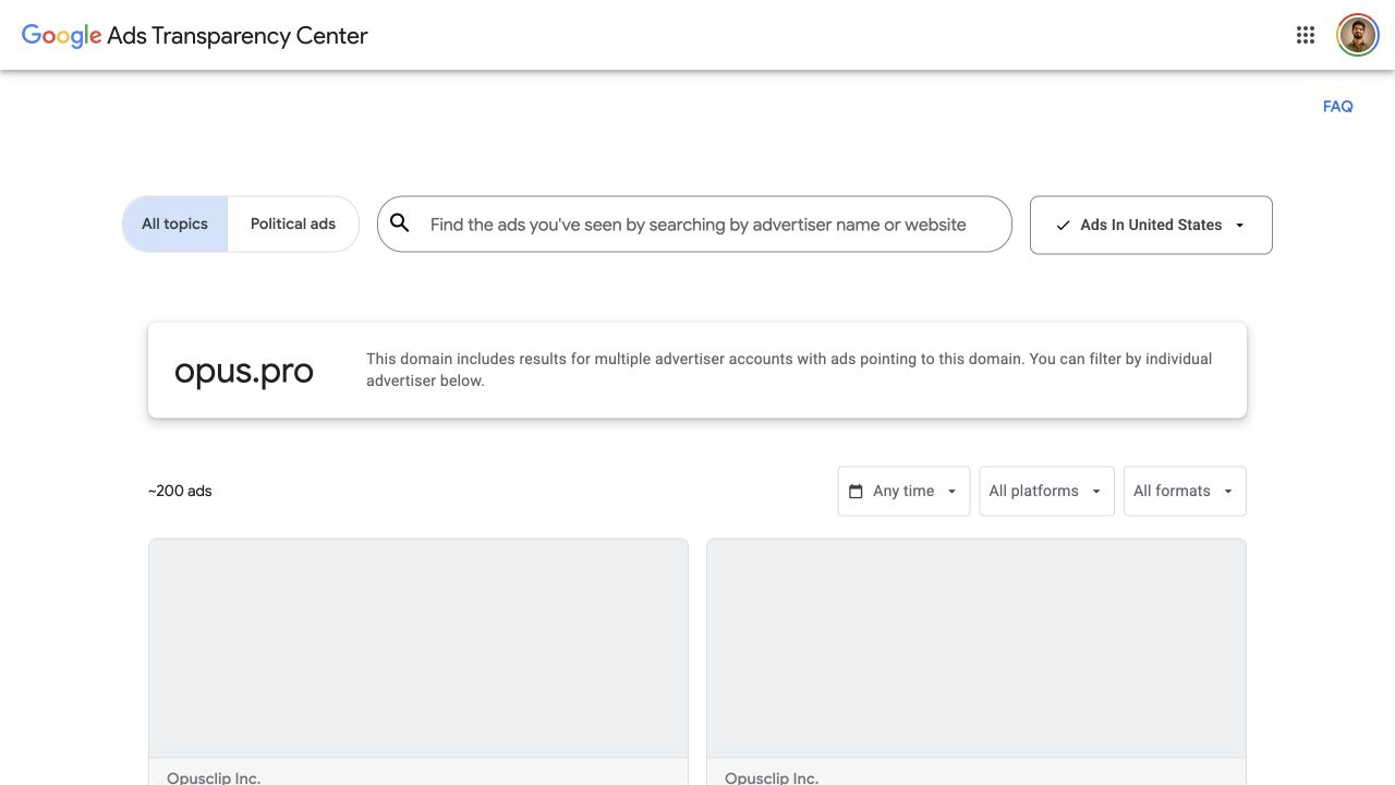 Google Ads Transparency Center view for the OpusClip domain.