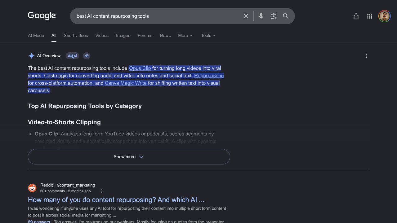 Google results for best AI content repurposing tools showing established comparison and product pages.