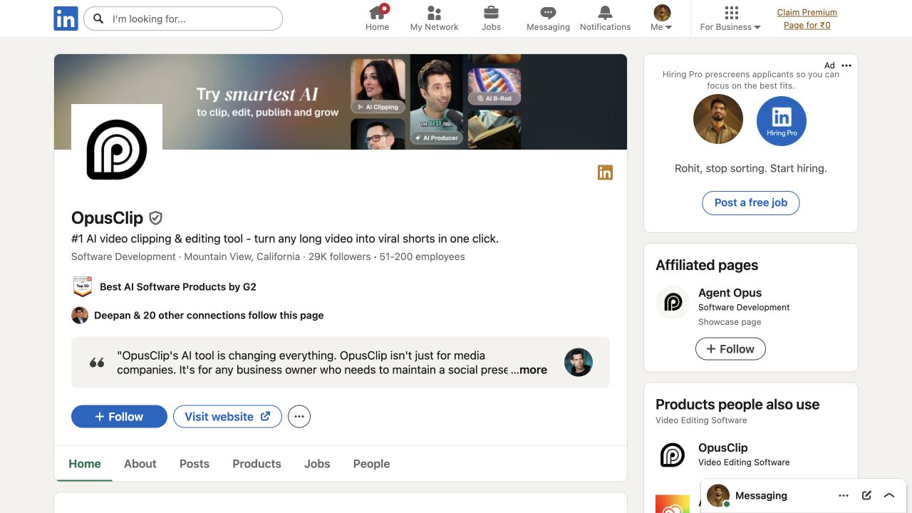Public LinkedIn company page for OpusClip showing its brand-owned presence.
