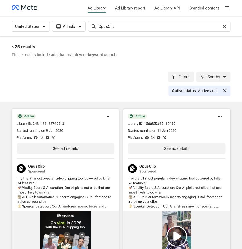 Meta Ad Library results showing active OpusClip sponsored creatives and an approximate result count.