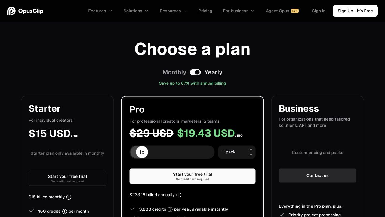 OpusClip pricing page showing monthly and yearly billing options and plan tiers.