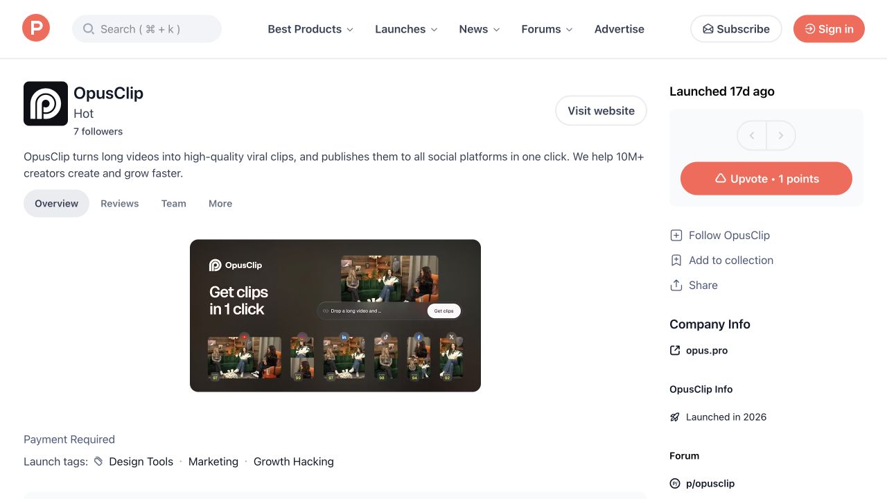 Product Hunt product page for OpusClip with launch positioning and community proof.