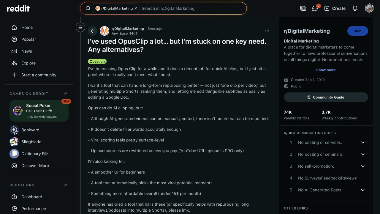 Reddit post listing unmet needs in AI clipping tools, including editing control and affordability.