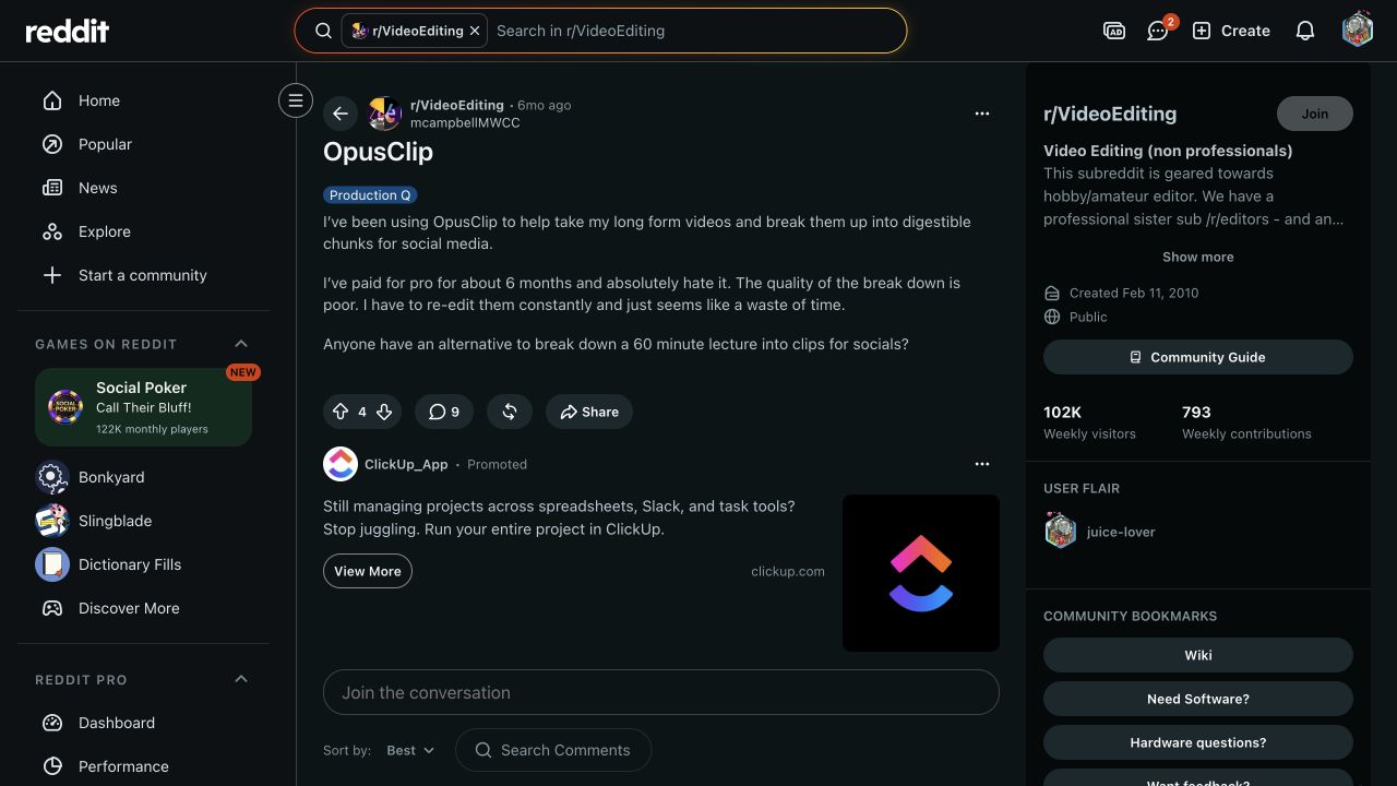 Reddit video-editing discussion about the quality of automated clip selection.