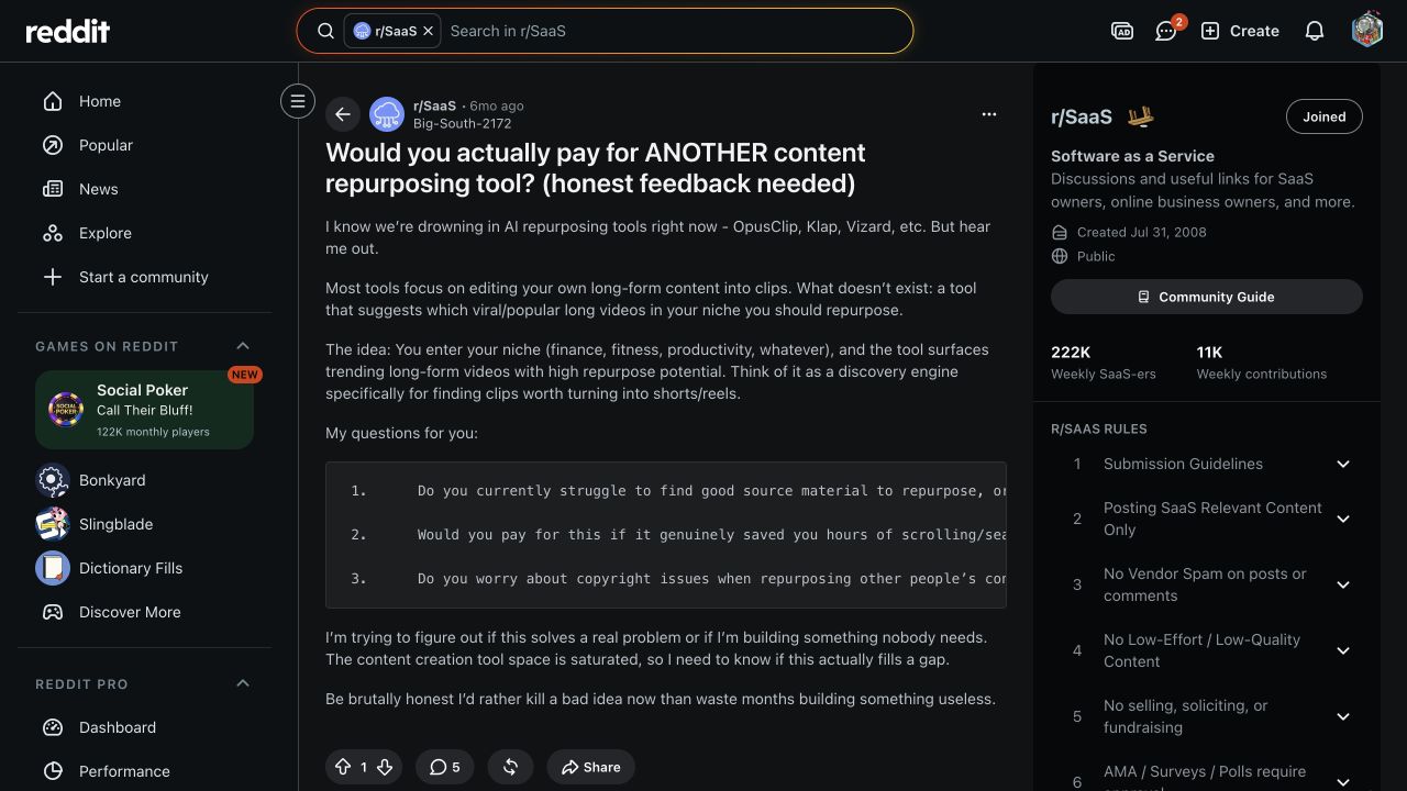 Reddit SaaS discussion questioning willingness to pay for another content tool.