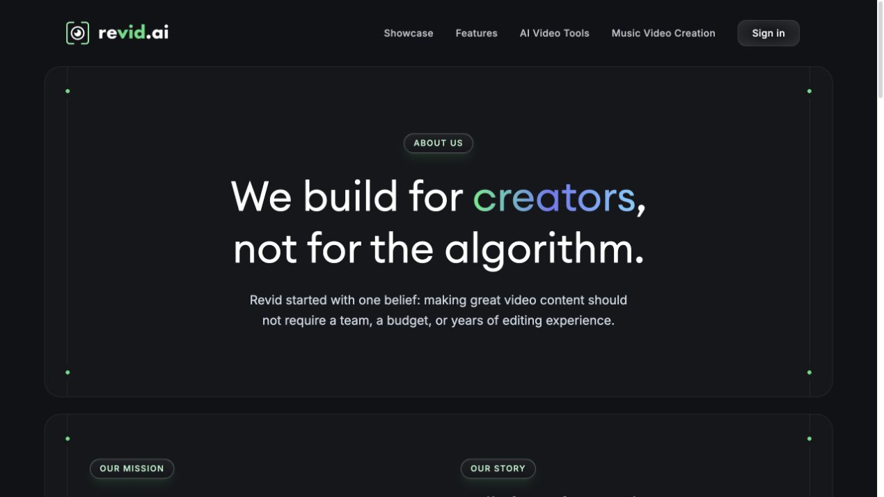 Revid.ai founder page presenting the company origin and founder story.