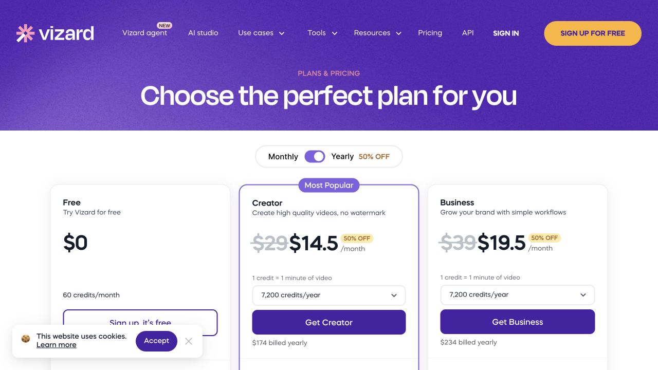Vizard pricing page showing plan tiers and usage-based boundaries.