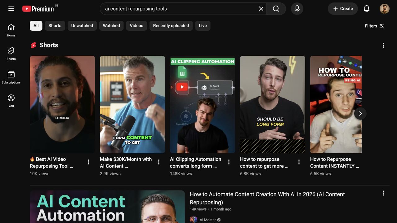 YouTube results for AI content repurposing tools showing tutorials and comparison videos.